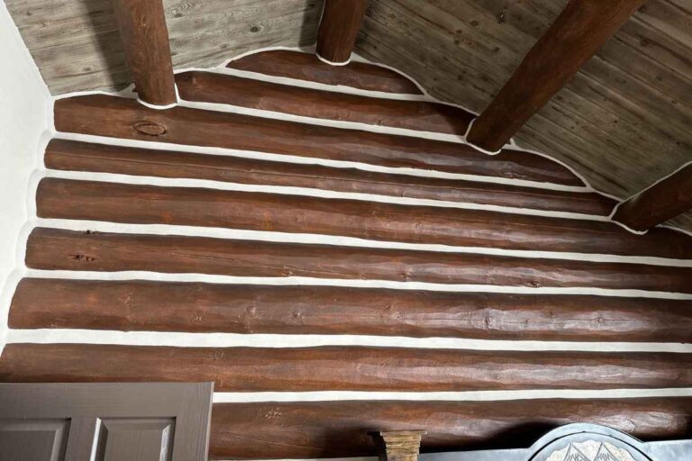 Fresh white chinking lines between stained logs on a restored log home