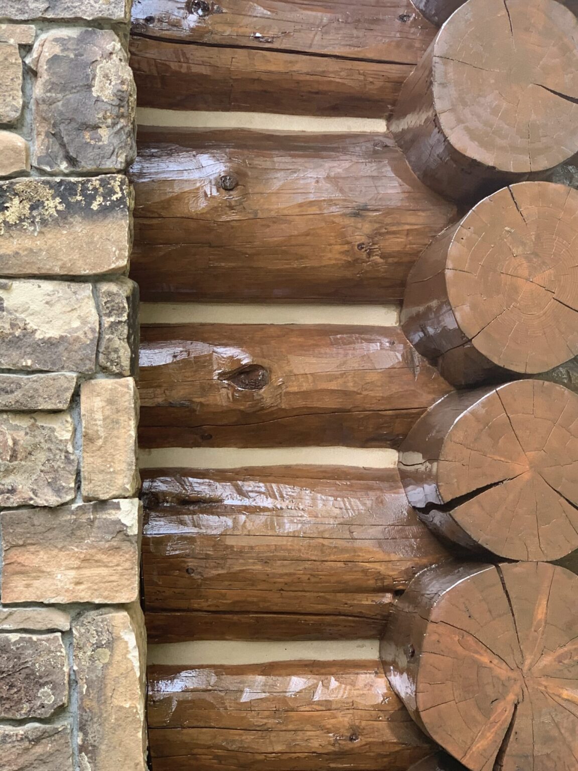 Log home inspection in Jackson Hole - Log Care checks the log-to-stone junction where rot and water intrusion usually begin