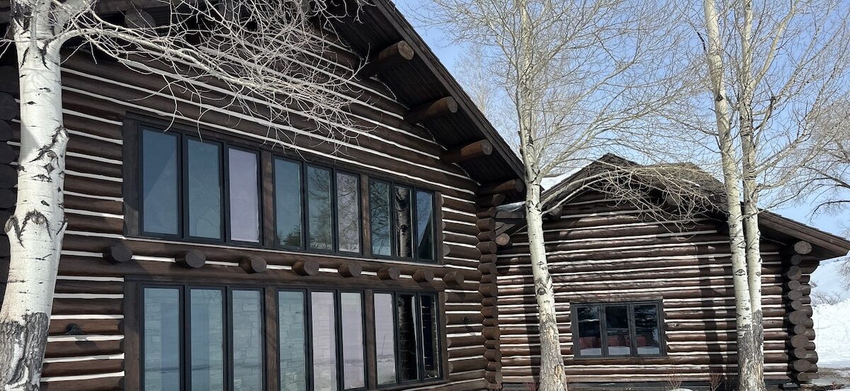 Weathered log home wall in Teton County before log home repair - gray UV-damaged logs and dark, water-stained lower courses