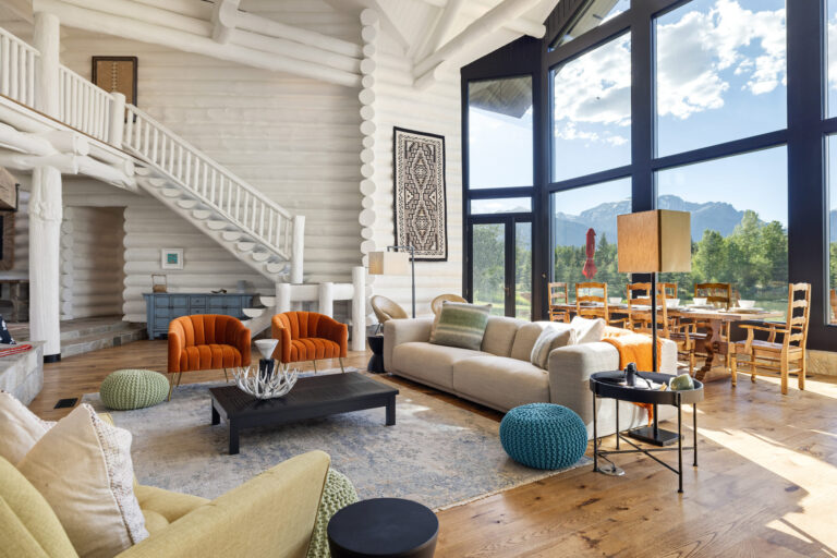 Interior log walls media blasted to bare wood and refinished with a white stain